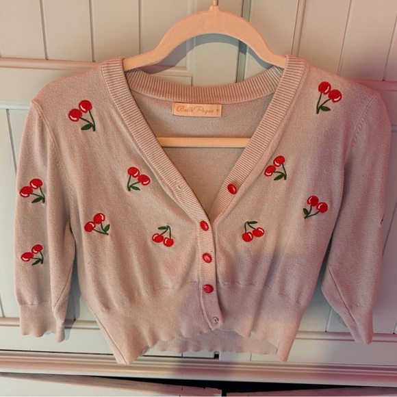 belle poque Sweaters - Light Blue Cherry Embroidered V-Neck Cardigan Sweater